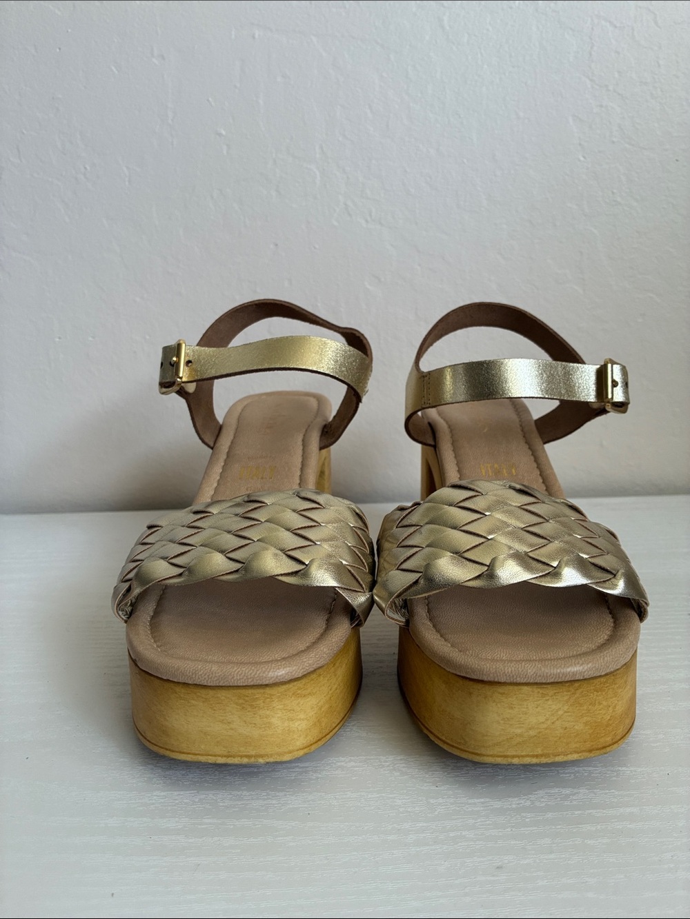 Italiab Gold Woven Platform Sandals with Ankle Strap